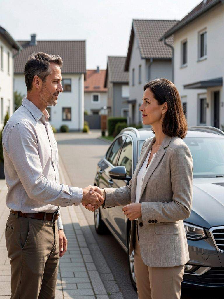 seriöser und geprüfter Autoankäufer mitten beim Vertragsabschluss in einer Wohngegend in Much